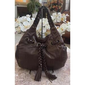 #1614 Kooba Carla Braided Brown Leather Large Hobo Shoulder Bag Tassel